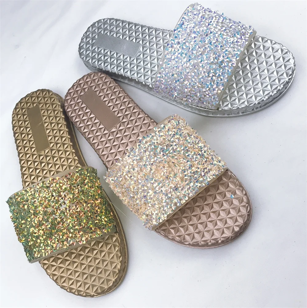 

Ladies Sliders Sequin Diamante Sparkly Sandals Shoes Slip On Slides Bling Slipper