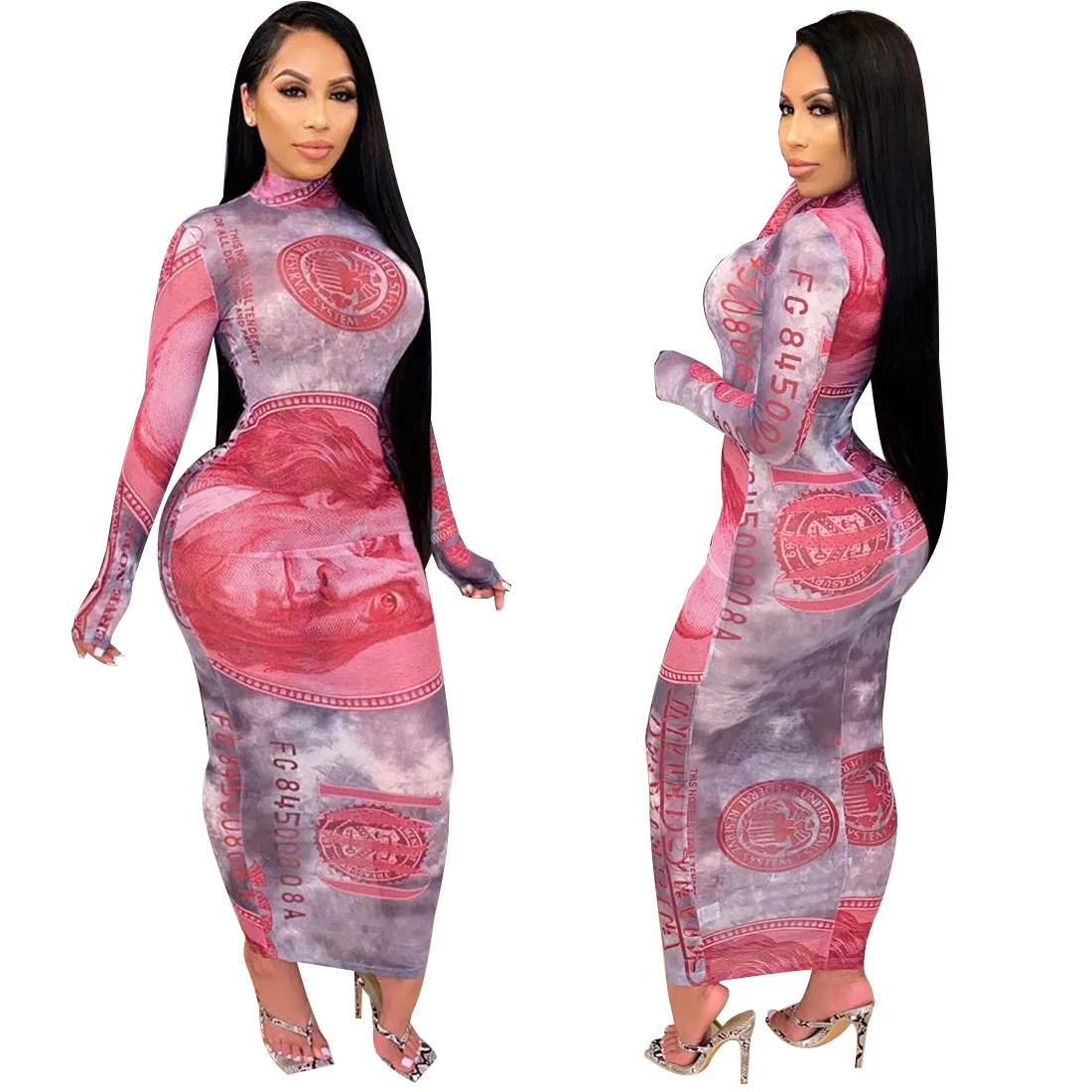 

Wholesale Fall Spring Sexy Money Print clothing Women Plus Size Maxi Casual Dresses In Stock, 3 colors