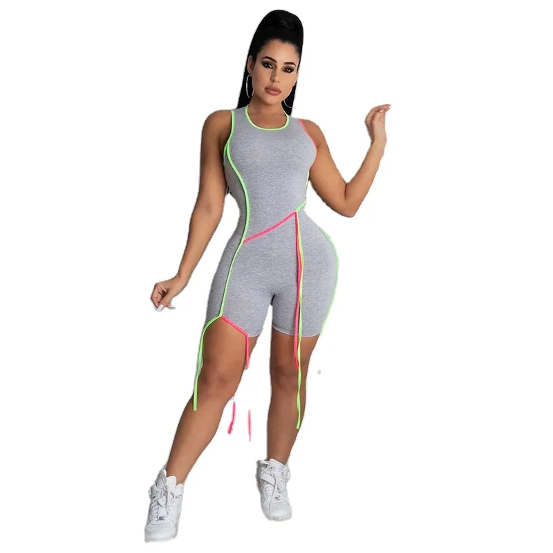 

Summer 2021 Ribbons Solid Sleeveless Rompers Women 2021 Spring Elastic Casual Patchwork O-neck Playsuit Female Undefined Streetw, Picture