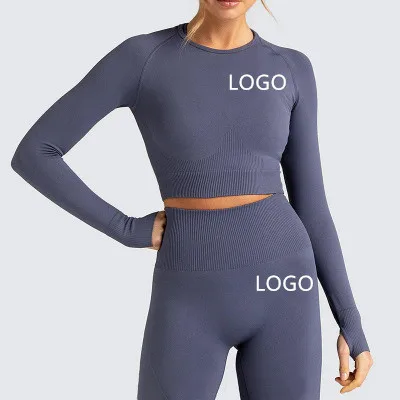 

Women 2pcs Seamless Yoga Set Sport Suit Gymwear Workout Clothes Long Sleeve Gym Crop Top High Waist Leggings Fitness Sports Wear, Picture color