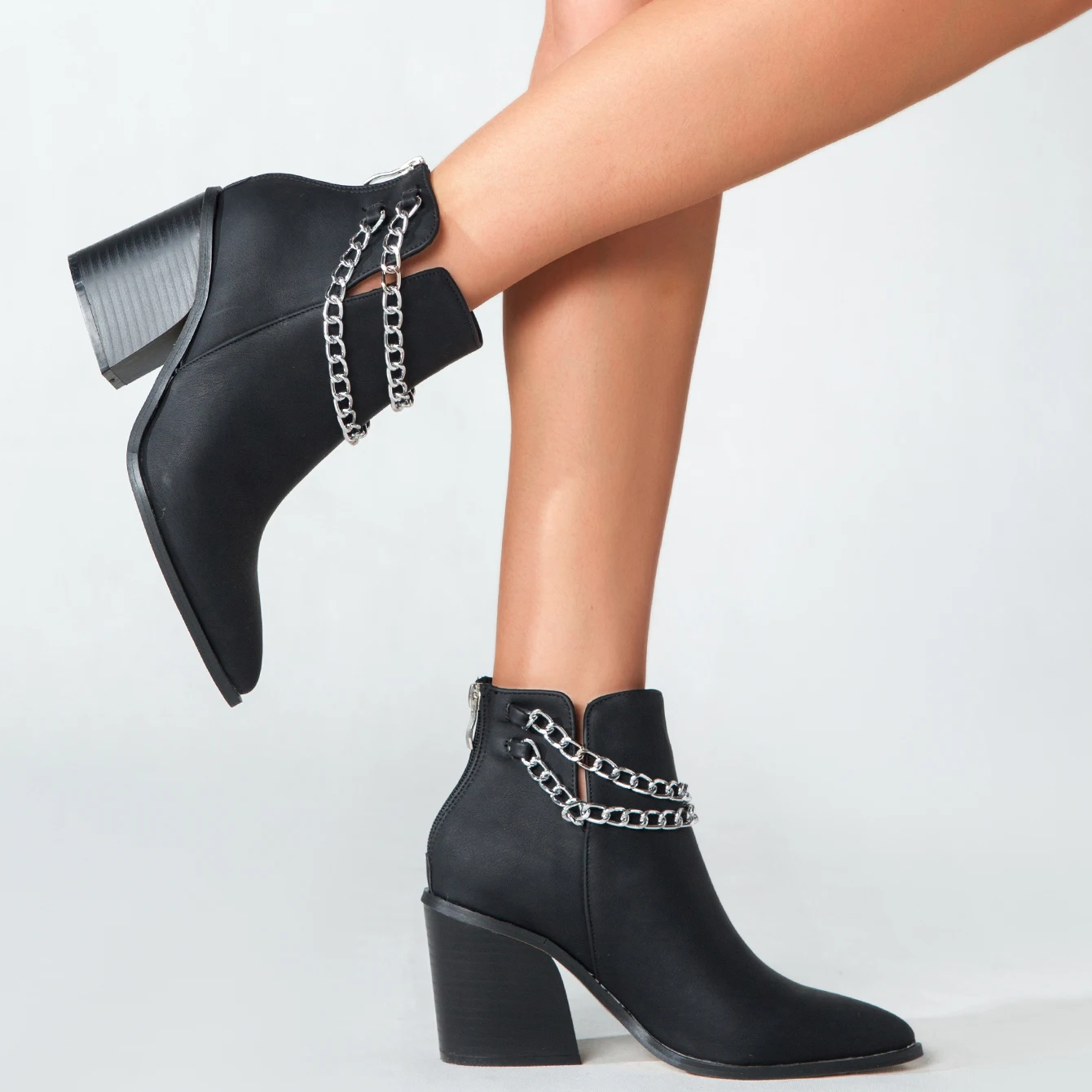 

Dropshipping ankle boots block heel woman's boots with chains hot sale square toe women's boots