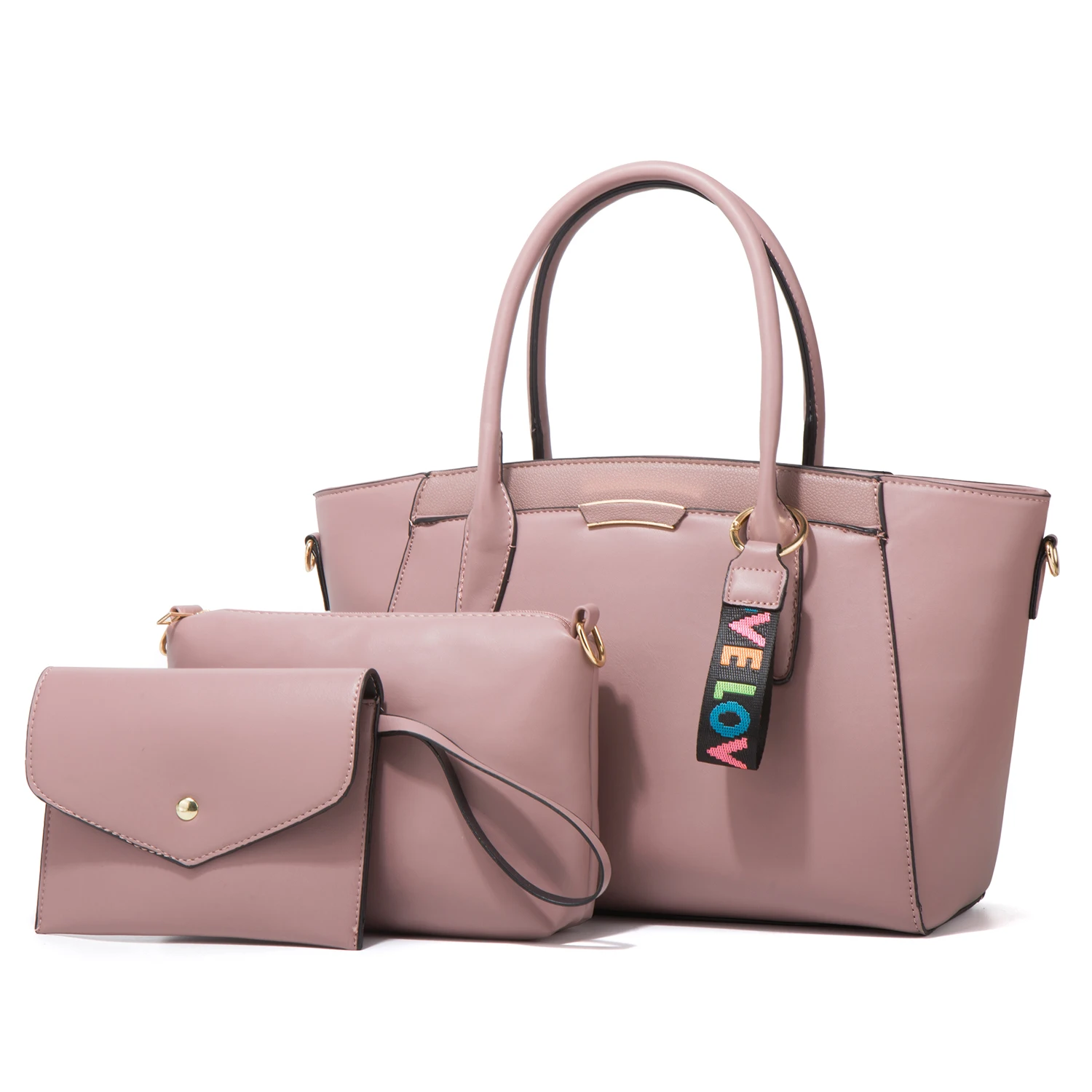 

New Arrival Ladies Pu Leather 3 Piece Tote Bag Large Pink Handbags Set Women Bags, White, red,black, khaki,brown,light blue, pink,