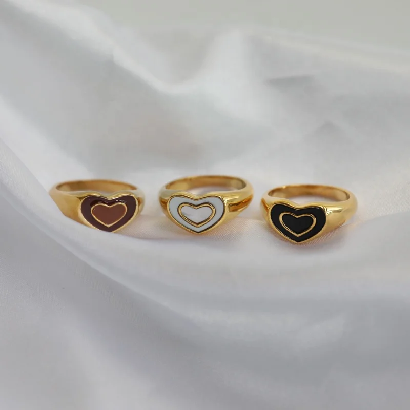 

High End 18K PVD Gold Plated Double Heart Enamel Rings White Black Brown Stainless Steel Rings for Women