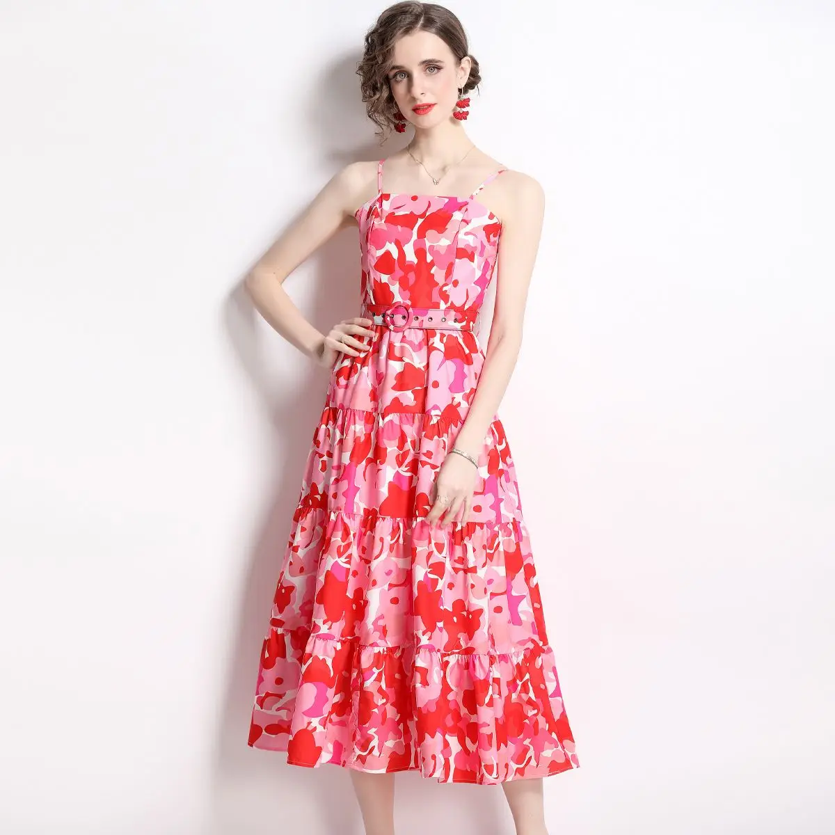 

2022 New Spot Woman Clothes Wholesale Fashion Apparel Elegant Floral Casual Dresses Long Lotus Leaf Swing Sling Ruffle Dress, Black