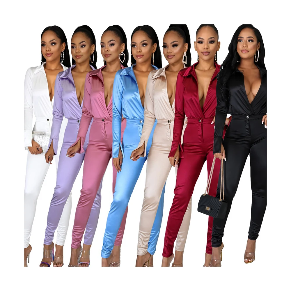 

Foma 80093 New style summer 2021 women clothing V neck long sleeve bodysuit sexy shirt pants satin 2 two pieces set, 15 colors