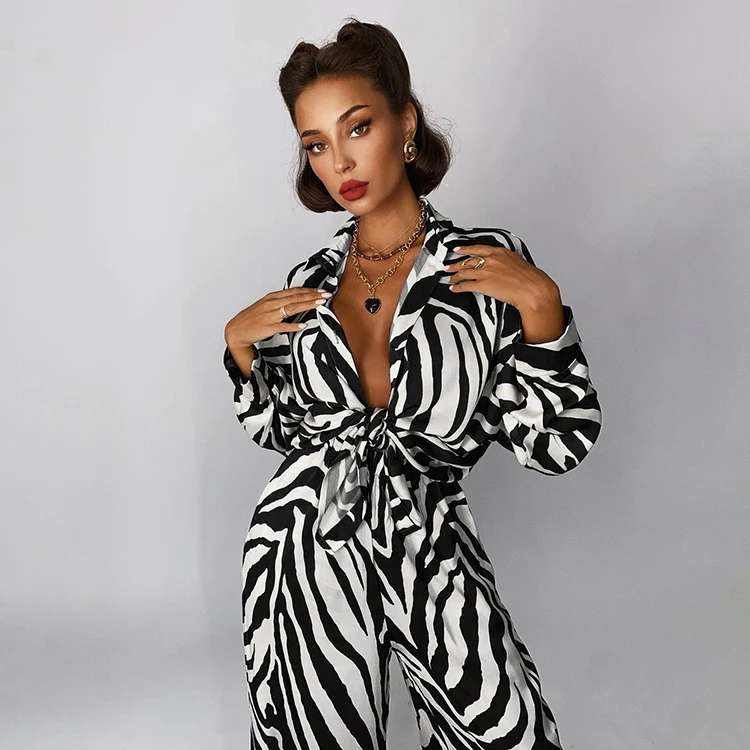 

New Product 2022 Spring V Neck Long Sleeve Blouse 2 Piece Sets Zebra Print High Waist Wide Leg Pants Set Women