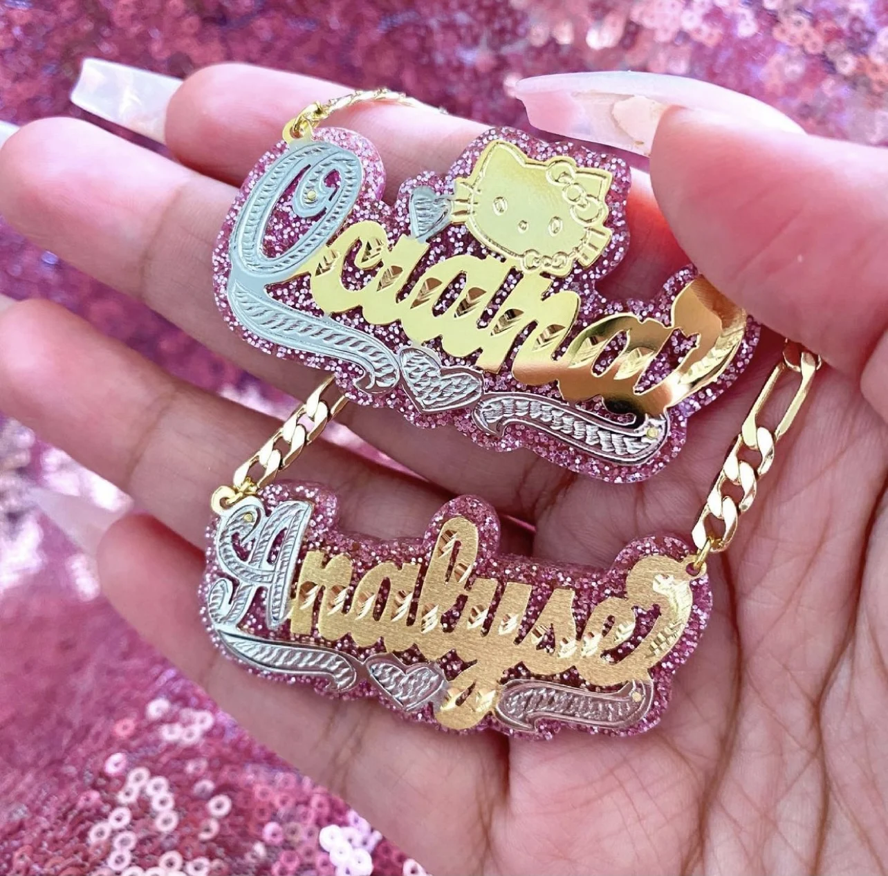 

Custom Name Jewelry Set Name Necklace Custom Name Bracelet Gold 3D Double Nameplated Necklace for Women Gifts, Colors