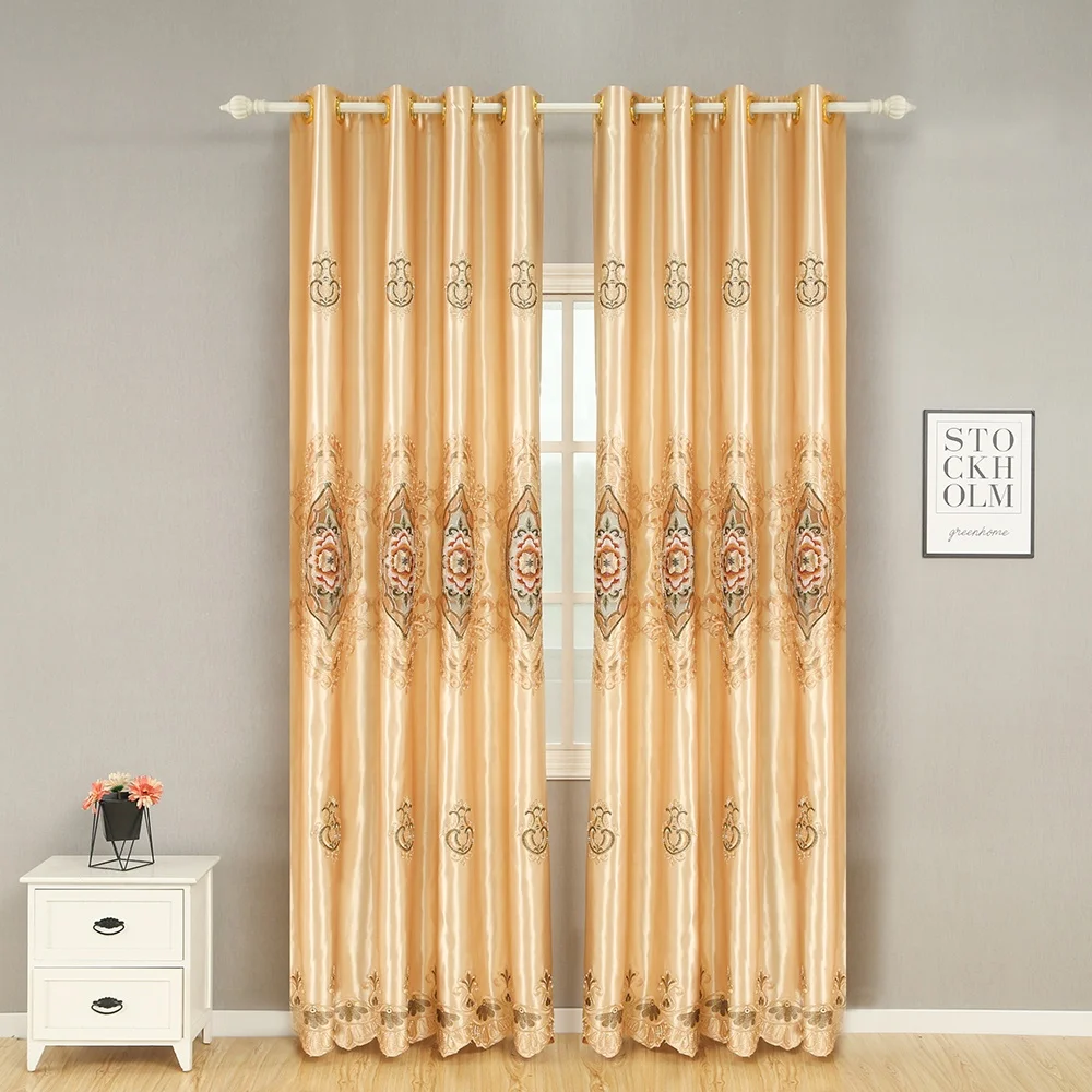 

2021 luxury polyester woven modern America style home embroidery ready soft smooth gold ring top faux silk window curtain panel