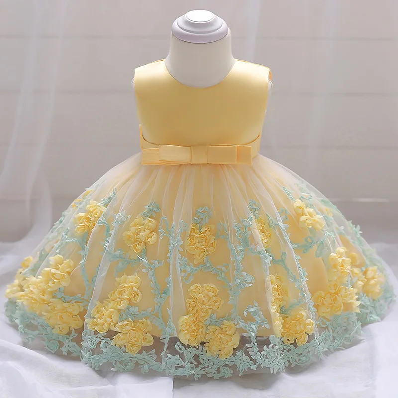 

Hot Selling Pretty Baby Frock 12 Month 1 Year Old Girl Clothes First Birthday Cute Flower Party Dress L1845XZ, Yellow;pink;purple;blue