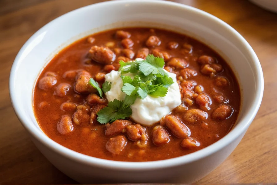 Bowl of rich, thick chili with tomato paste served with toppings like sour cream and cilantro