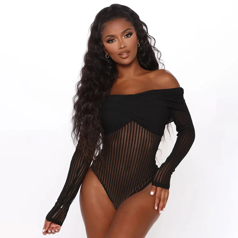 

2021 New Arrivals women long sleeve off shoulder see through ladies women sexy bodysuit