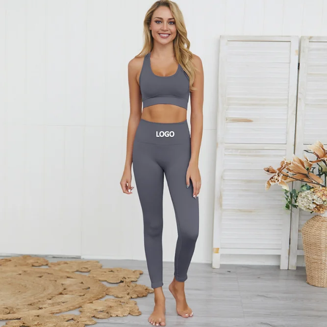 

Amazon Seamless Gym Fitness Wear Yoga Sets Nylon Woman Sportswear 2 Piece Exercise Leggings Sports Bras, As pictures
