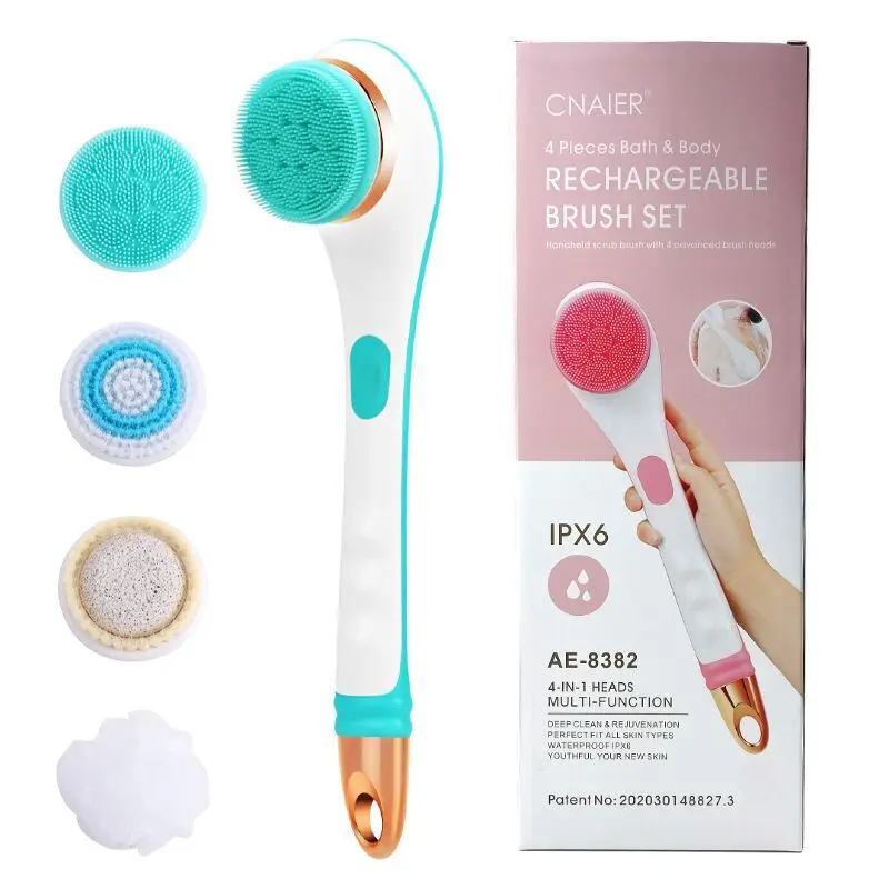 

Electric Massager Silicone Bath Brush with Long Handle 4 Brush Heads, Pink blue