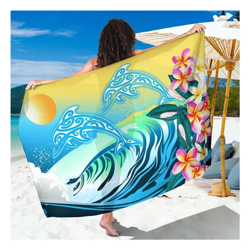 

Hawaii Couple Dolphin Plumeria Tropical Polynesian Sarong Wholesale Women's Swimwear Wrap Cover Up Long Skirt Bikini Beachwear, Customized color