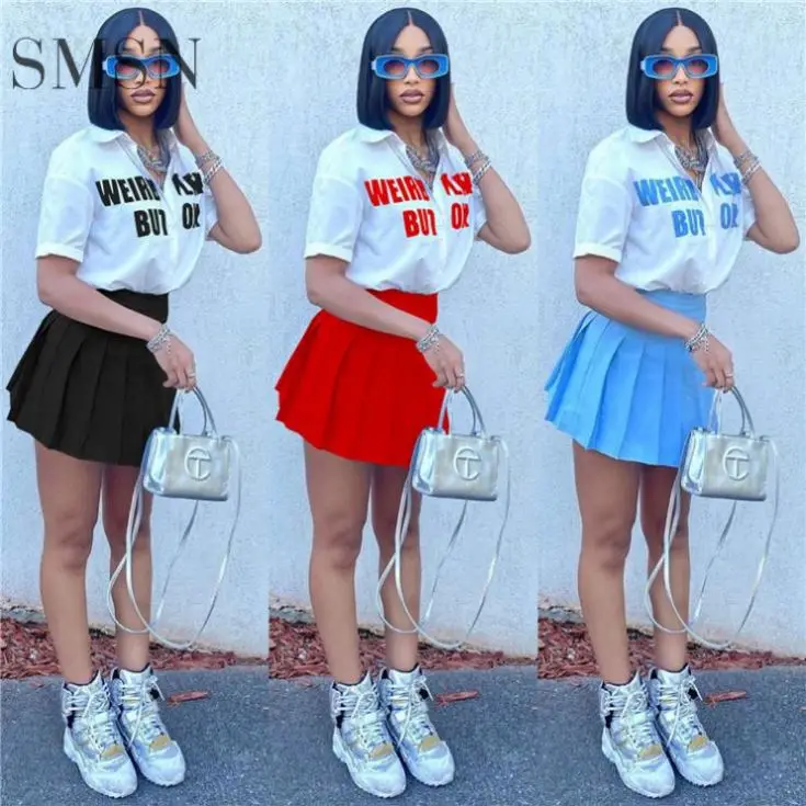 

OSINA Best Design Preppy Style Letter Print Shirts And Pleated Skirts Womens Two Piece Set Summer Fashion Two Piece Skirt Set