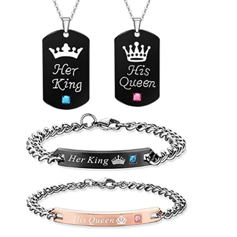 

2023 Lovers Fashion Stainless Steel Her King Queen Crown Pendant Pendants Engraving Letter Her King His Queen Crystal Necklace