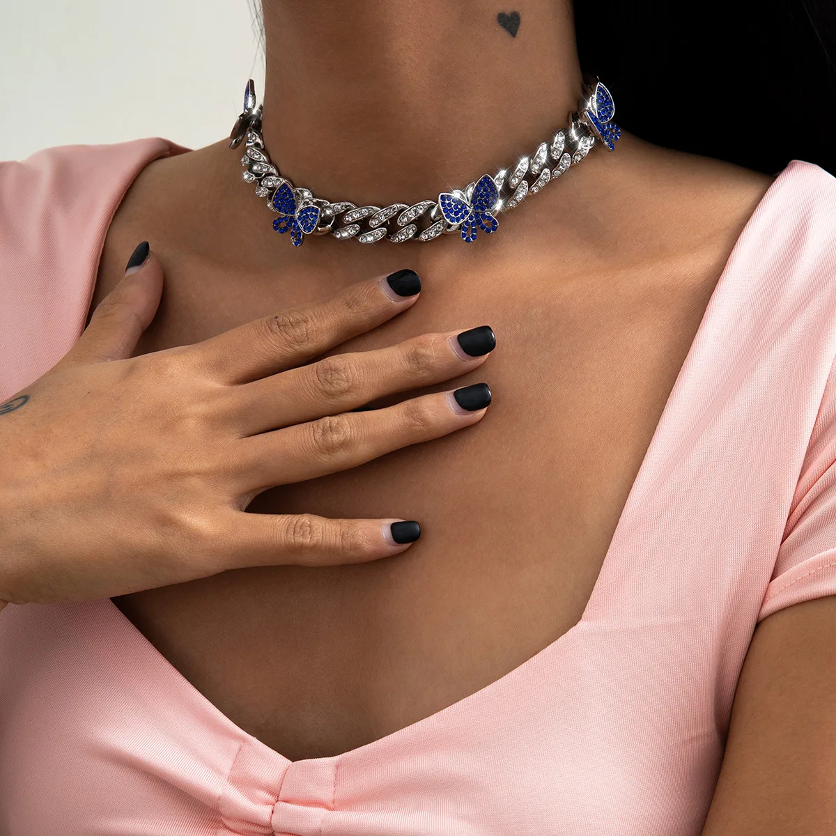 

blue crystal butterfly charm cuban chain choker necklace for women