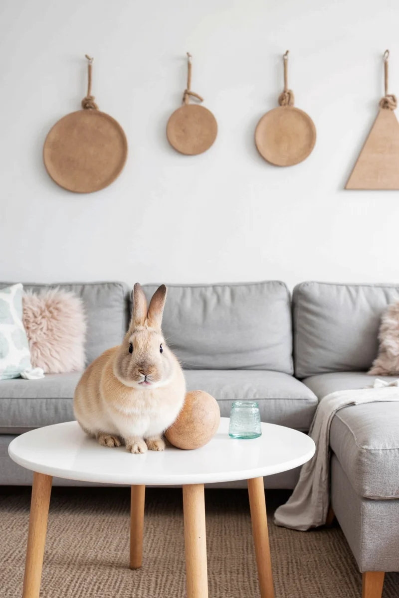 Rabbit lounging in a stylish living room with matching decor