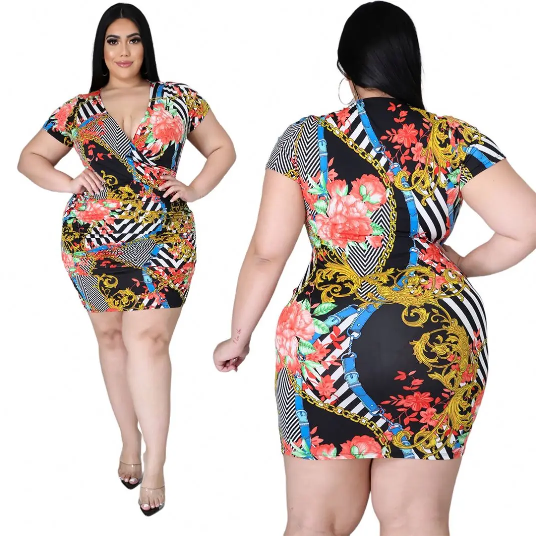

ZMH702 2021 Print Women Plus Size Dresses 4Xl 5Xl Deep V Neck Dress Women