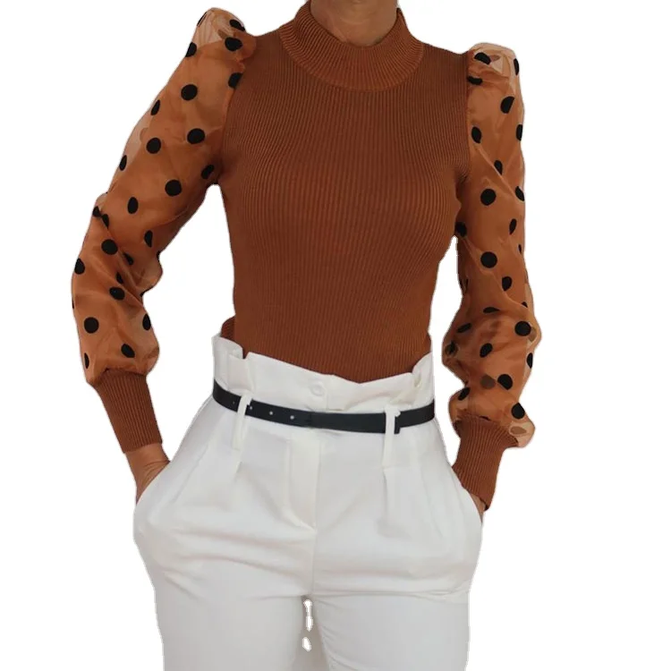 

Knitted Polka Dots Mesh Puff Sleeve Round neck pullover ladies elegant sweaters girls winter lace long sleeve sweater blouses