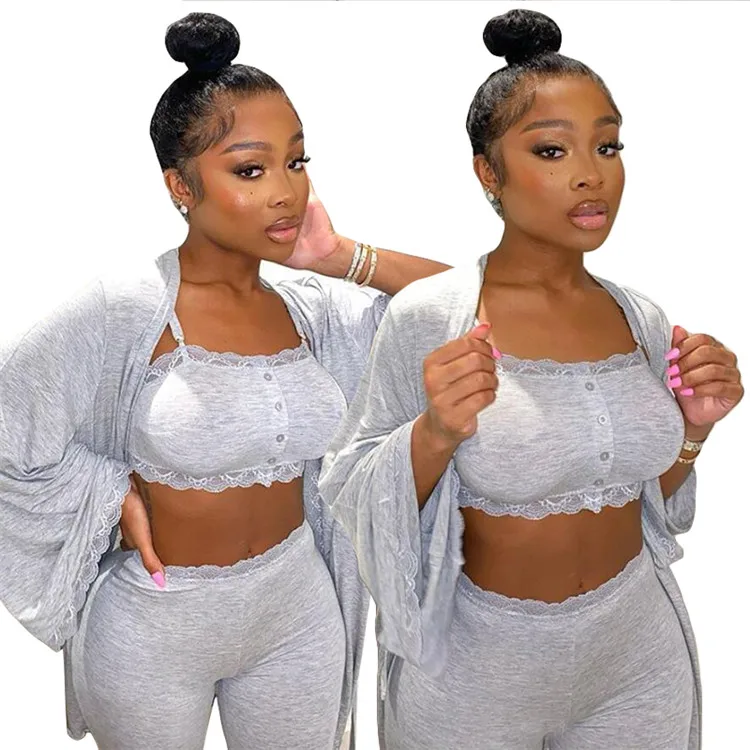 

Three Piece Set Women Outfits Sexy Lace Edge Sling and Jogging Pant With Cardigan Pajamas Set For Women, As picture