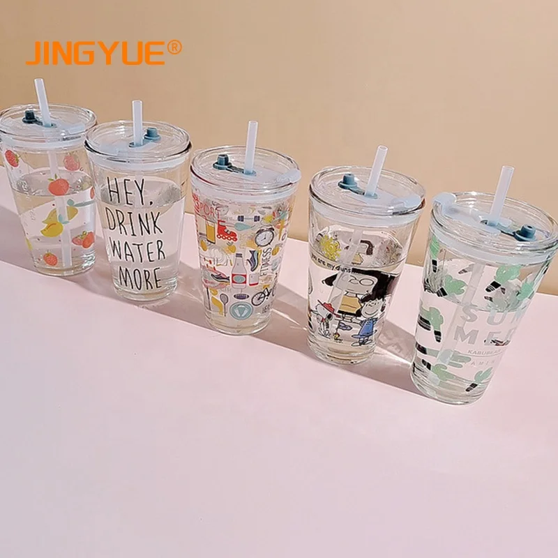 

TikTok Ins Style 450ML Glass Straw Cup with Scale Transparent Eco Friendly Drinking Glass for Cold Beverage Juice Milk Water