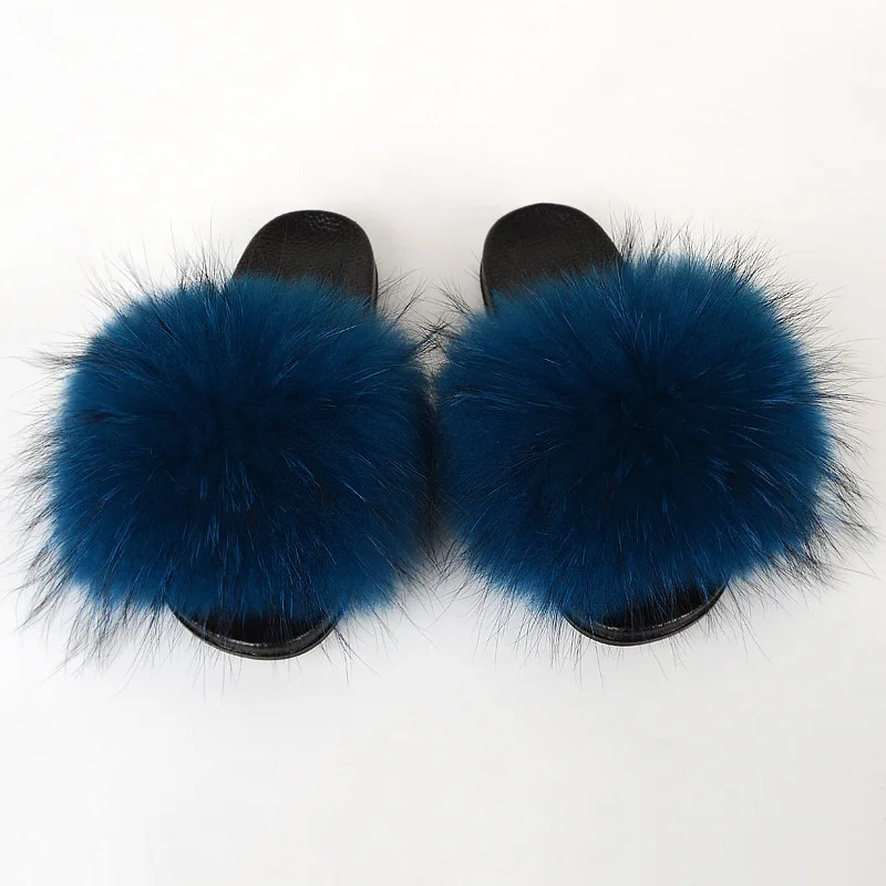 

2021 factory direct sales custom solid color or mixed color ladies real raccoon fur slippers fox leather slippers slide, Customized color