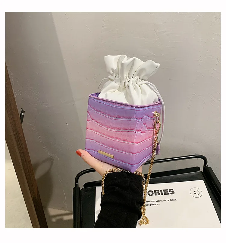 

Fashion Gradient Color Stone Pattern Small Bucket Bags Women Handbags Lady Luxury Shoulder Purse Drawstring Chain Crossbody Bag