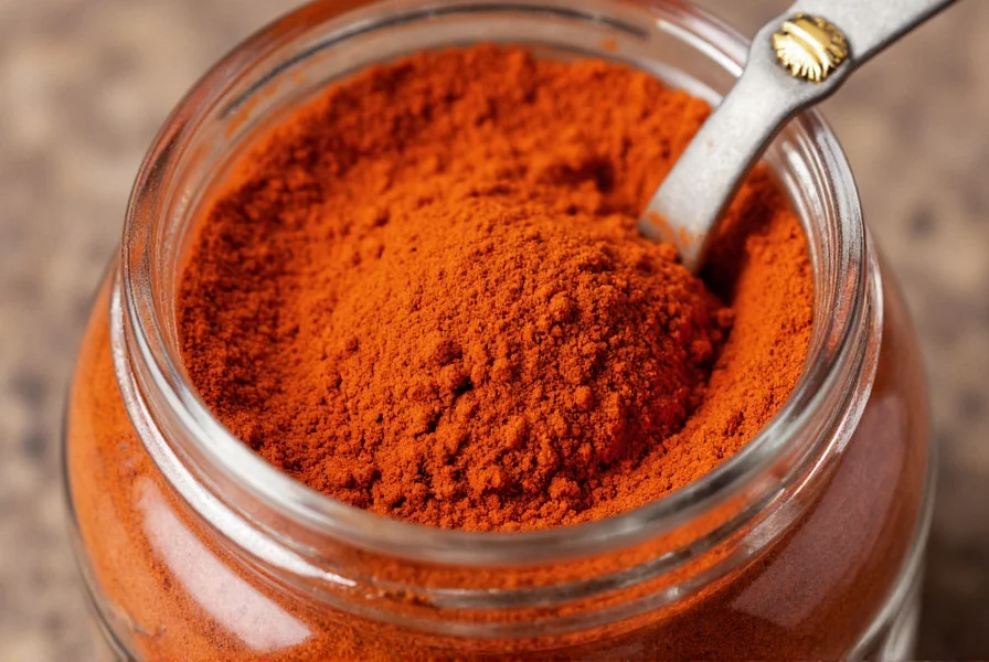 Close-up of Goldstar chili powder in a glass jar with measuring spoon