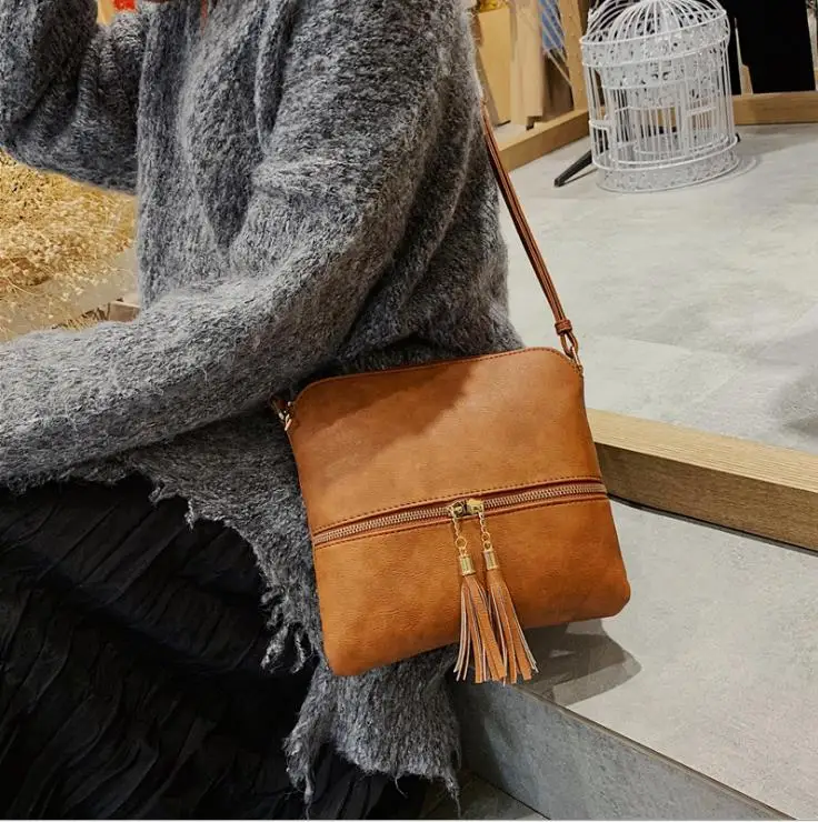 

2021 new soft pu leather crossbody bag women with tassel sling bag women corssbody, Brown/blue/white/red/dark red/pink/grey/black
