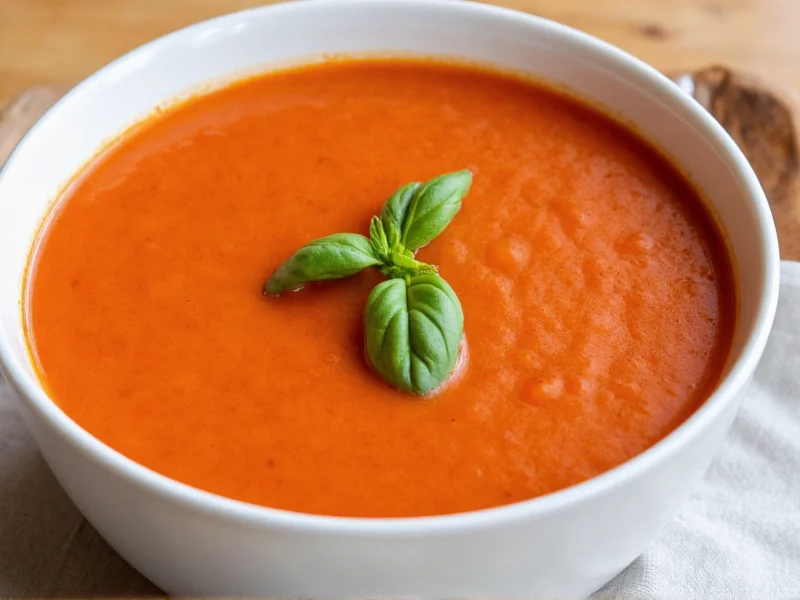Homemade tomato soup in white bowl with basil garnish
