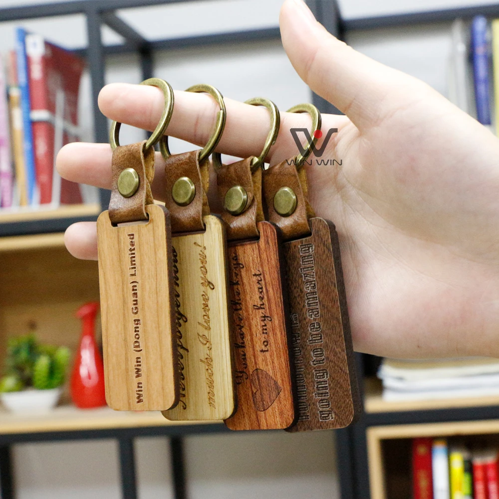 

Wholesale Wood Laser Blanks Key Ring Tag Keyring Engraving Custom Leather Key Chain Wooden Keychain For Business Gift