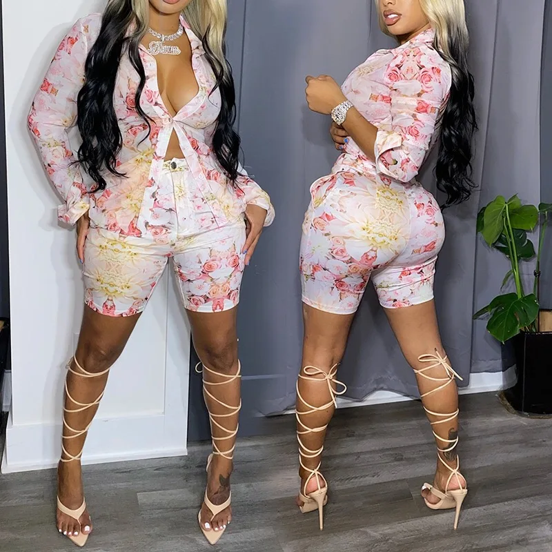 

Latest design 2021 fashionable two piece floral short set ladies long sleeve shirts and short pants casual outfits, 1 color as picture