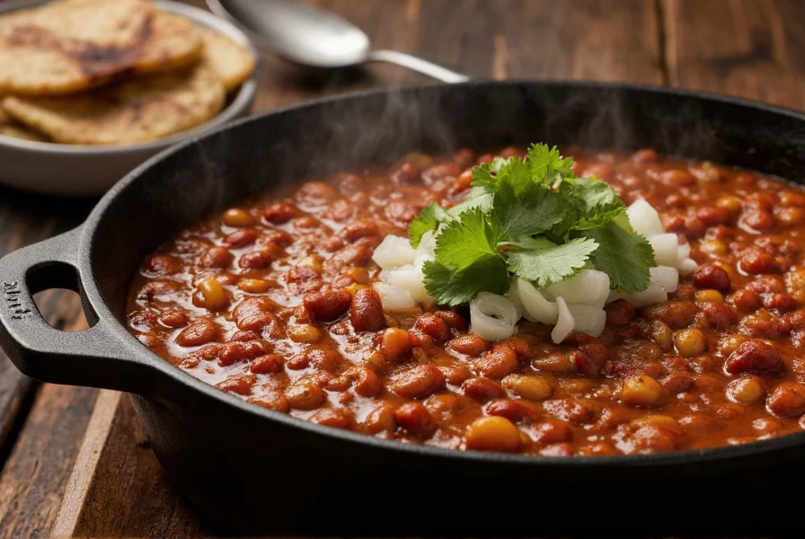 Authentic NYT chili recipe in cast iron pot with steam rising, garnished with fresh cilantro and diced onions