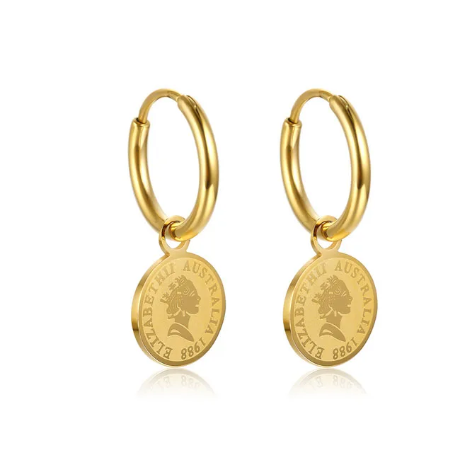 

Trendy jewelry 18k gold plated stainless steel Vintage french girls queen coin pendent hoop earrings
