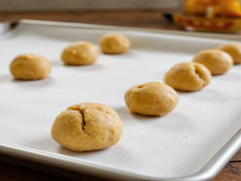 Cookie dough balls arranged on baking sheet with parchment paper