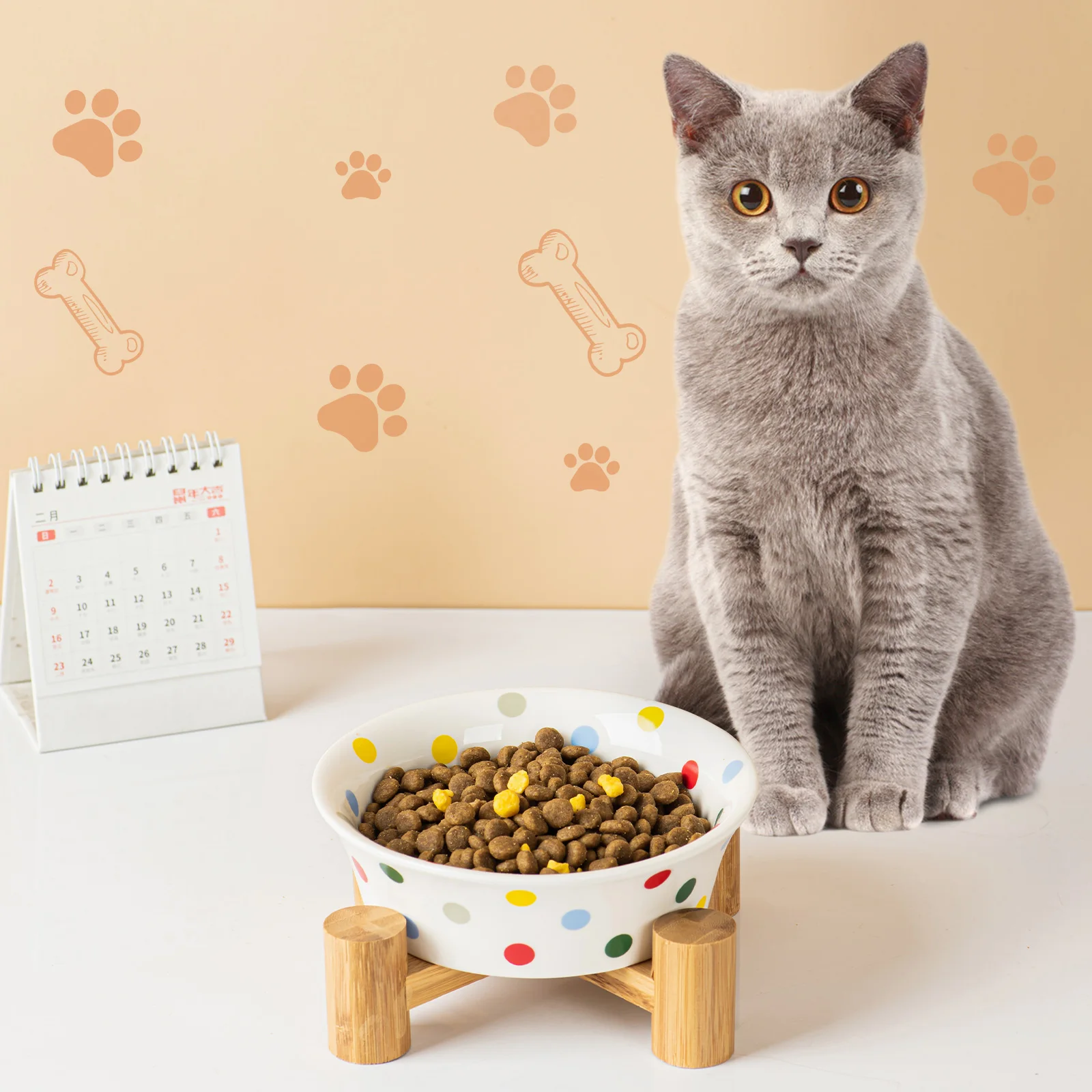 

Fashion polka dot ceramic Pet Bowl drinking water bowl neck protection cat dog basin with bamboo frame anti-overturning