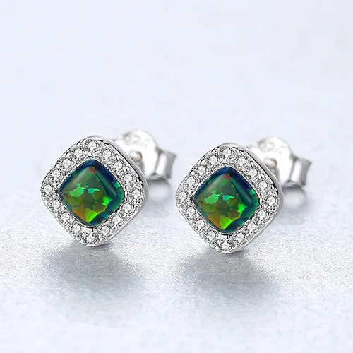 

925 Silver Earrings Zircon Korean Luxury Pave Square Opal Earrings