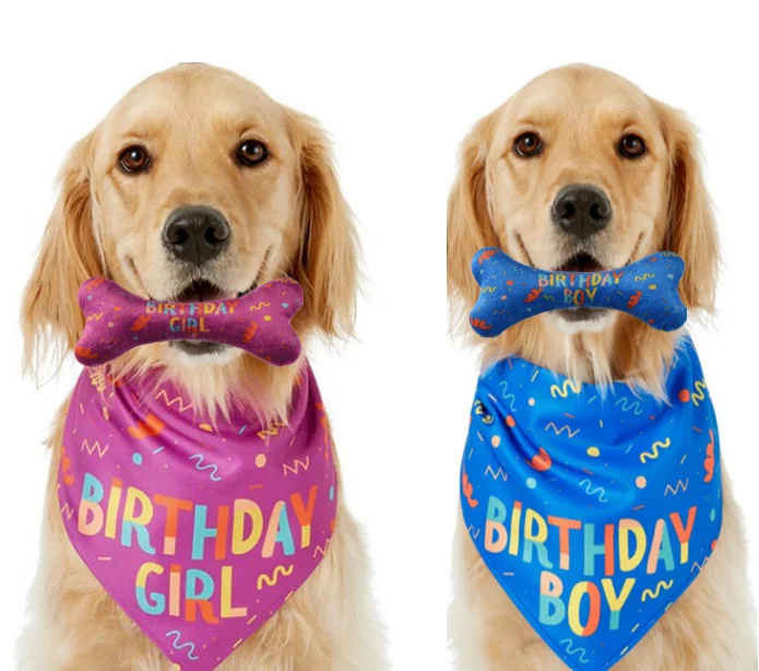 

Wholesale Factory Birthday Bandana And Bone Chew Toy Set Pet Dog Custom Printed Dog Bandanas, As picture