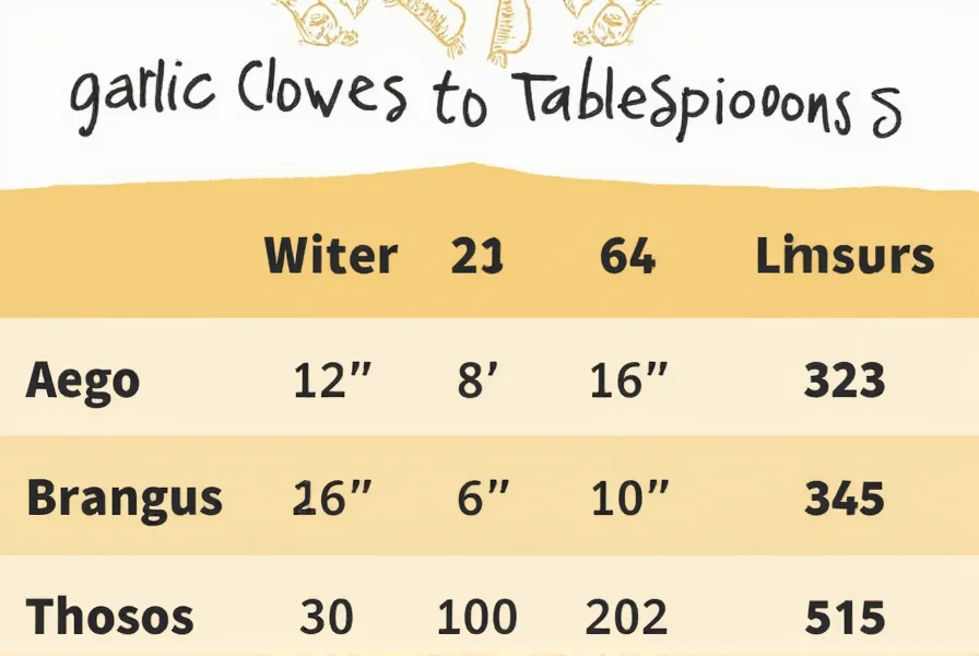 Garlic cloves next to measuring spoons showing conversion from whole cloves to minced measurement