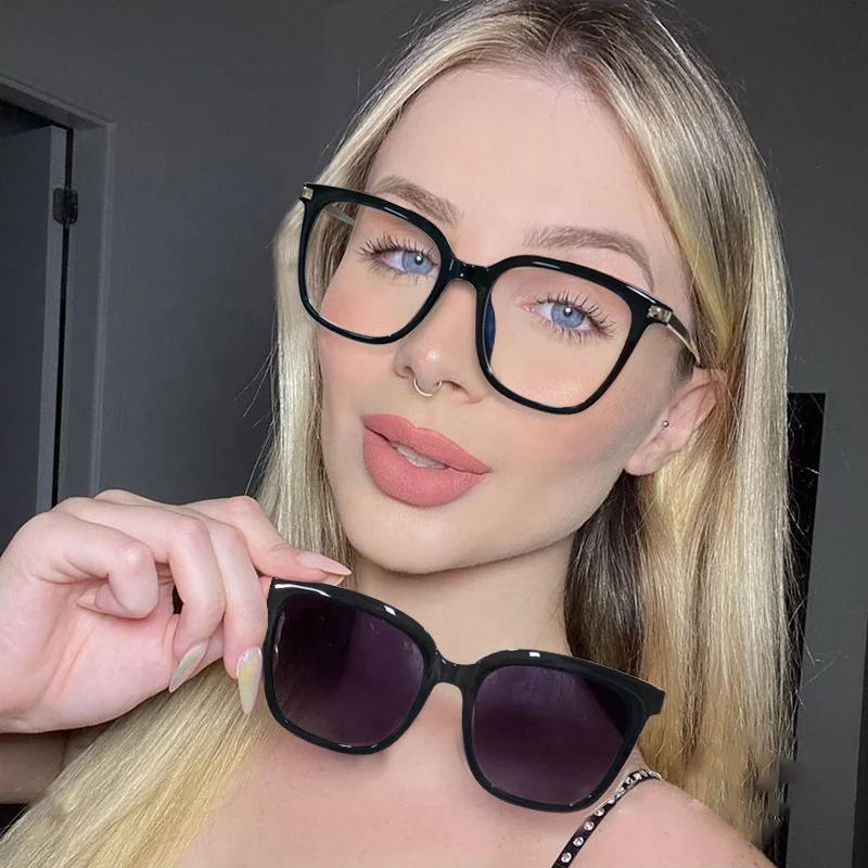 

High quality fashion designer sunglasses big square frame anti blue light radiation clip on magnetic glasses