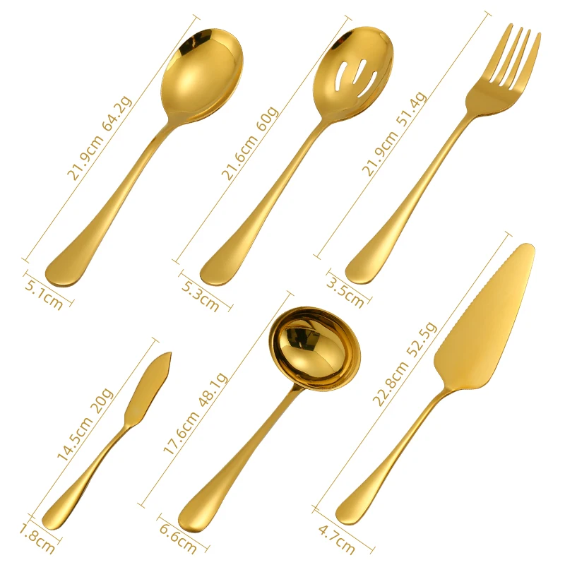 

Gold 6-Piece Serving Flatware Set Hostess Stainless Steel Serving Set with Large Spoon Fork, Butter Knife, Slotted Spoon, Ladle, Silver/ gold/ black/ rose gold/ blue/ purple