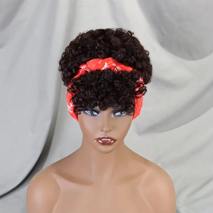 Cheap 100 Human Hair Wigs Glueless Full Machine Made Brown Color No Lace Short Pixie Cut Burmese Curly Hair Headband Wig