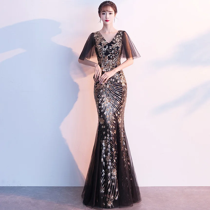16272# Golden Evening Gown Ladies Banquet Long Sequin Host Slim-fit Fishtail Dress
