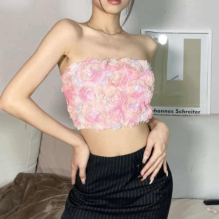 

2022 Customized Summer Clothing Pleated Flowers Pink Crop Tube Top Skinny Sexy Girls Women'S Tank Tops, Print