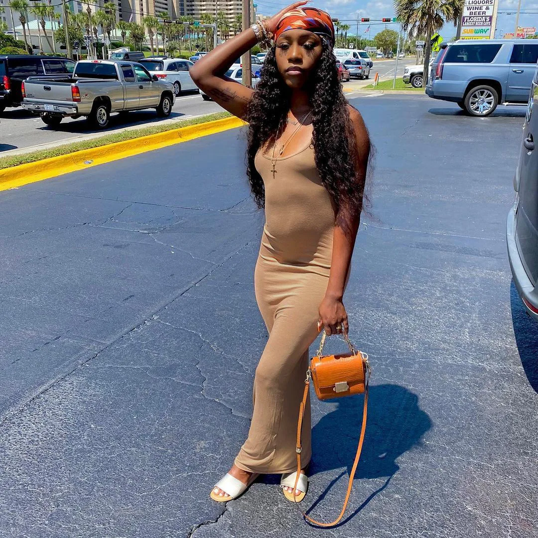 

2021 spring new solid color sling halter sleeveless high waist loose dress women