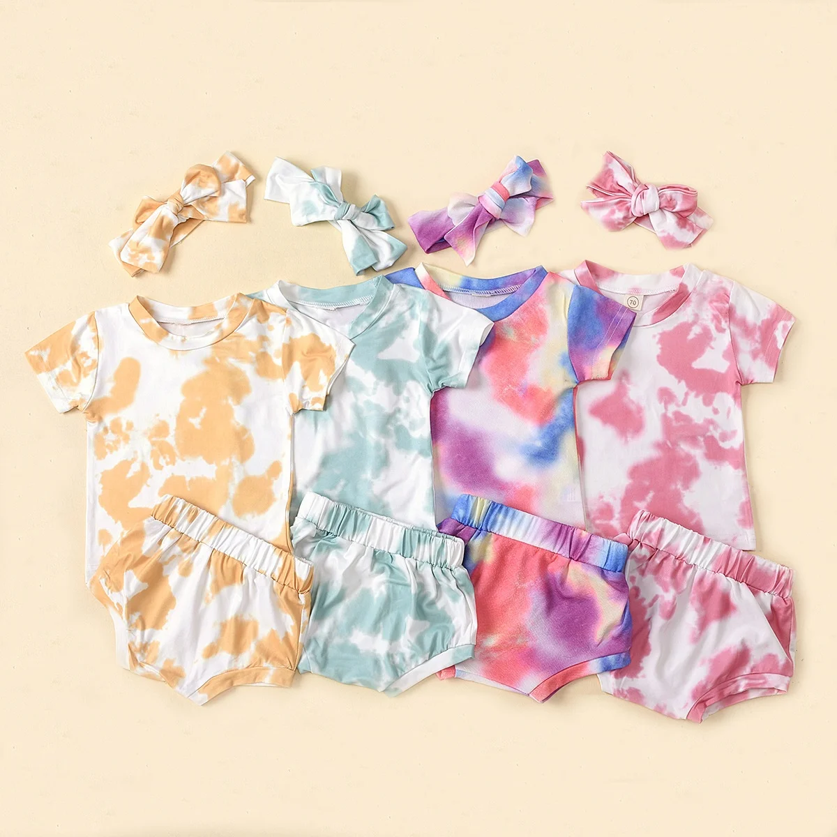 

100% Cotton Baby girl tie dye top-bottoms-bowknot headband 3pcs clothing set,tie dye baby clothes sets for newborn girls 0-24m