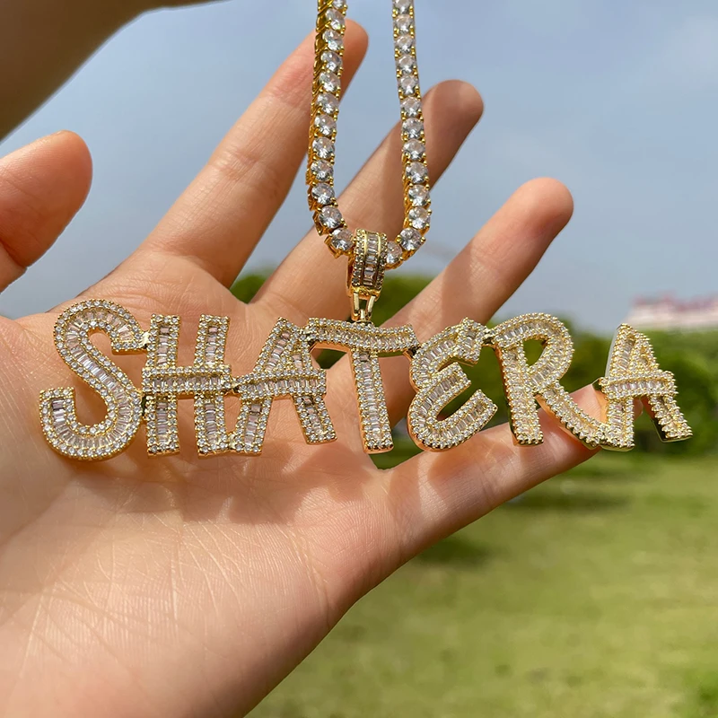 

2021 Hiphop Jewelry Cursive Writing Name Necklace Initial Letters Pendant Full Iced Words Necklace Cubic Tennis Jewelry Chain