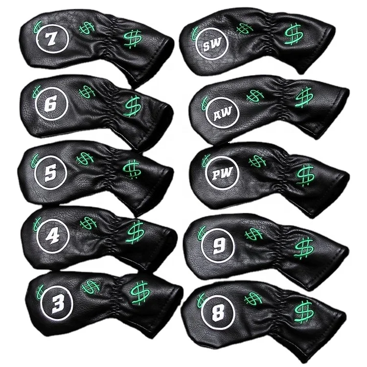 

9pcs / Set Dollars Embroidery Number Embroidery Black Soft PU Leather Golf Iron Cover