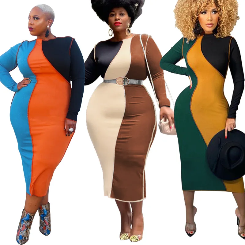 

2022 European American Women Clothing Stretchy Vintage African Lady Casual Dress Stitching Colours Women's Plus Size Club Dress